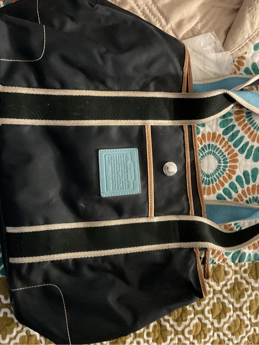 Coach Black Tote with Light Blue Patch and Tan Trim